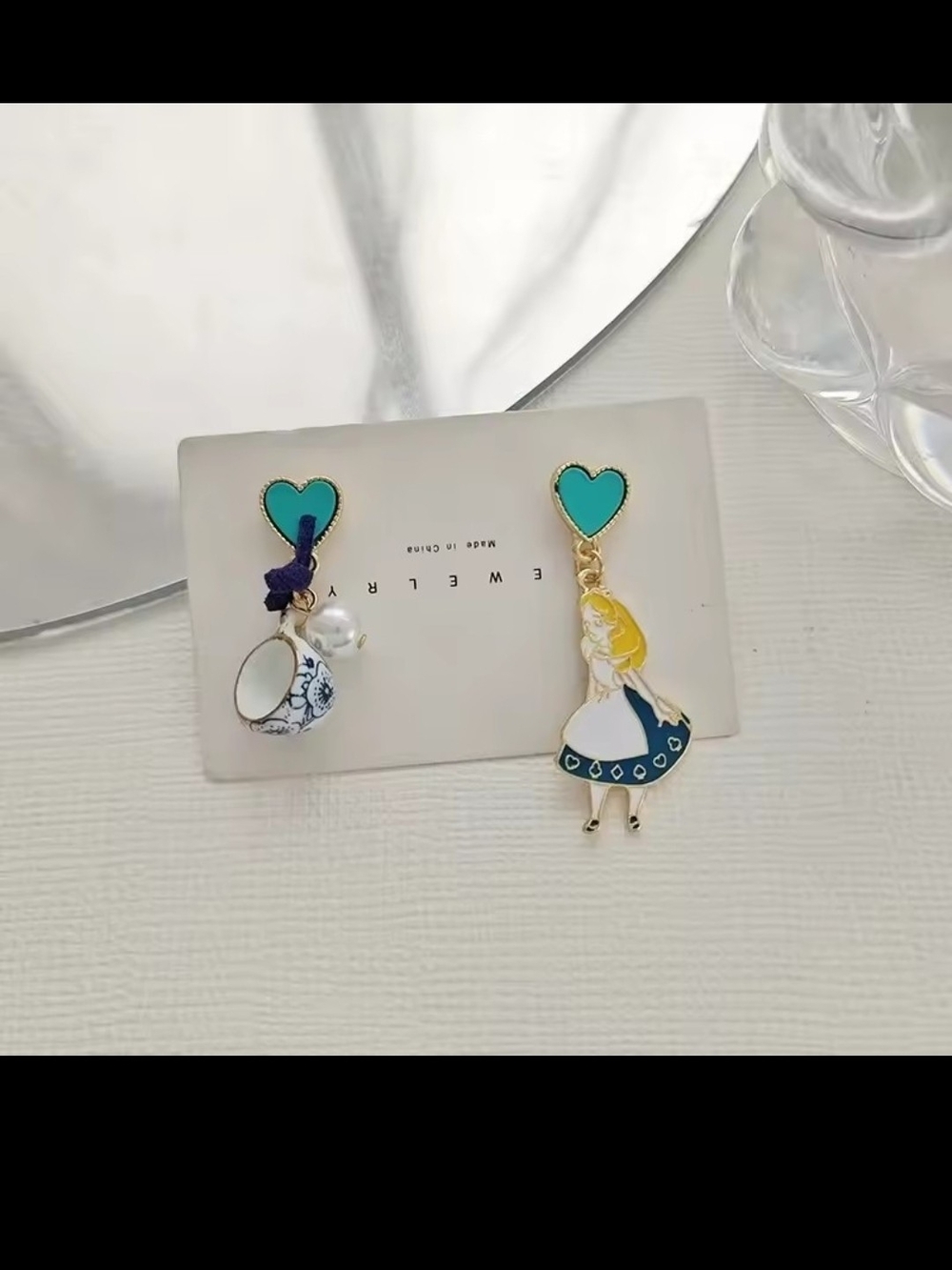 Blue & Teal Alice Themed Mismatched Heart Drop Earrings